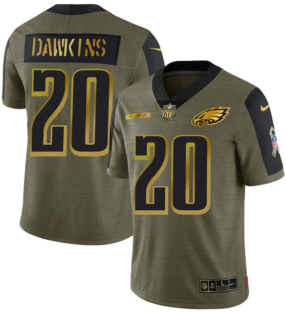 Men's Philadelphia Eagles #20 Brian Dawkins 2021 Olive Salute To Service Golden Limited Stitched Jersey Men's Philadelphia Eagles #20 Brian Dawkins 2021 Olive Salute To Service Golden Limited Stitched Jersey
